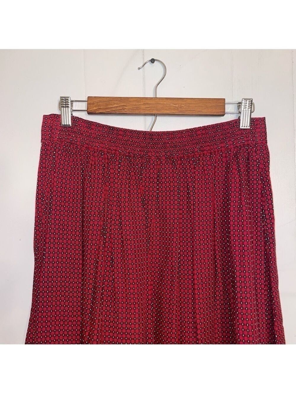 Vintage 90s Bechamel Red Geometric Rayon Midi Skirt High Waist Button Detail Cot - Picture 5 of 11